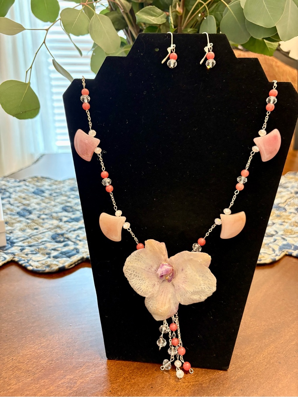 Handcrafted Pink Floral Pendant Necklace and Earrings Set